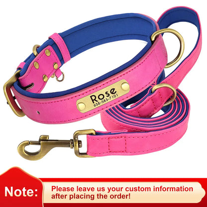 Personalized Dog Collar Leash PU Leather Dogs Collars Pet Rope Engraved Pet ID Name Necklace for Small Large Dogs Soft Padded