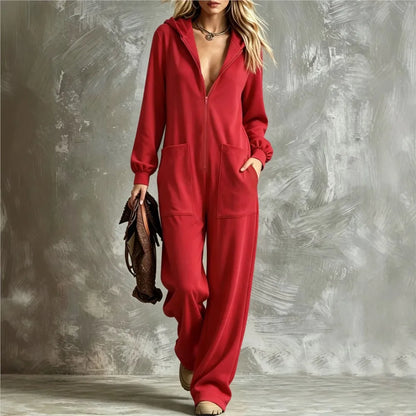 Autumn New Fashion Hooded Zipper Women's Jumpsuit Casual Loose Jumpsuit Straight Pants Pocket Rompers Lazy Female Home Wear 2026