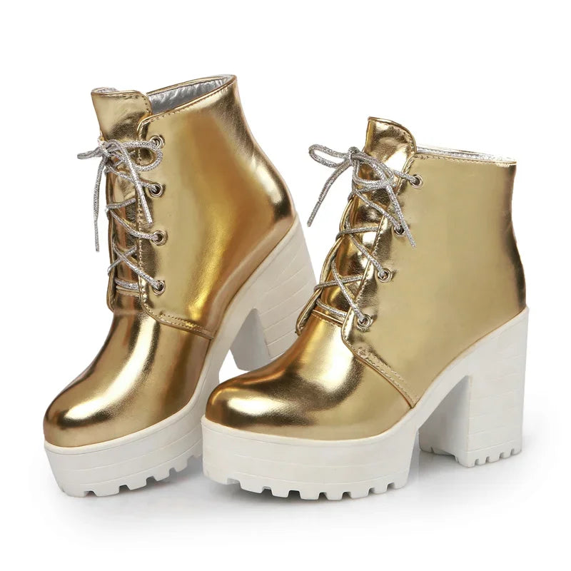 British Silver Gold Ankle Boots Women High Chunky Heels Dress Lady Round Toe Lace-up Spring Autumn Vintage Platform Short Boots