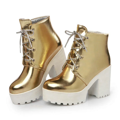 British Silver Gold Ankle Boots Women High Chunky Heels Dress Lady Round Toe Lace-up Spring Autumn Vintage Platform Short Boots