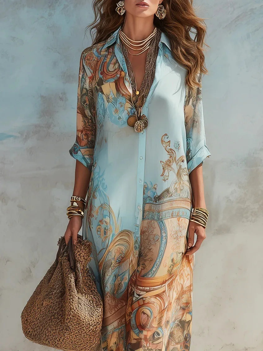 Elegant Shirt Dress for Women Chiffon Digital Print Turndown Collar Single-breasted Dresses Flowy Casual Boho Summer Clothing