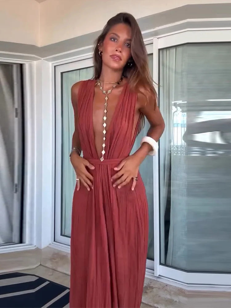 Sexy Women's Jumpsuit Deep V-neck Sleeveless Wide Leg Female Solid Jumpsuits 2026 Summer Fashion Chic Beach Vacation Lady Outfit