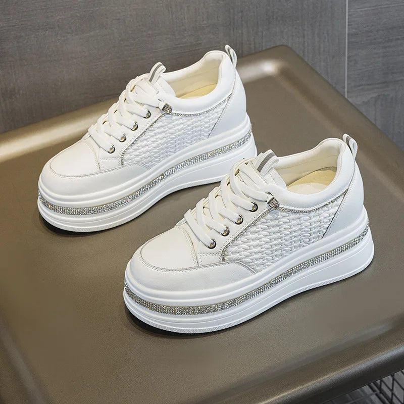 Women's height-increasing shoes for petite individuals, elegant and versatile, woven with rhinestones, casual shoes