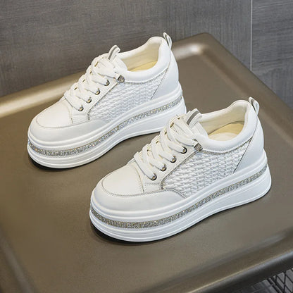 Women's height-increasing shoes for petite individuals, elegant and versatile, woven with rhinestones, casual shoes