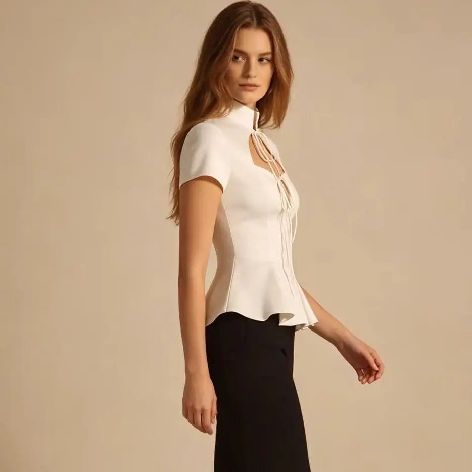 LIMO Elegant White Lace Up Peplum Top, Mandarin Collar Cutout Blouse, Women's Y2K Party Clubwear