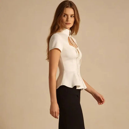 LIMO Elegant White Lace Up Peplum Top, Mandarin Collar Cutout Blouse, Women's Y2K Party Clubwear