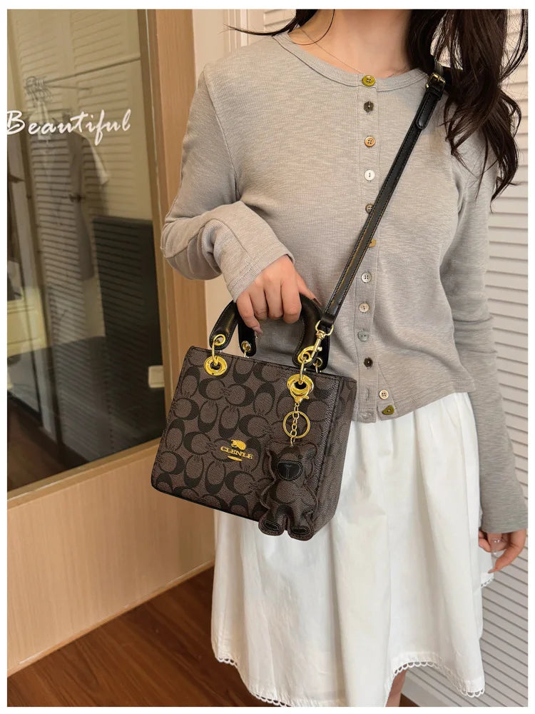 Luxury Women Bag 2026 New Vintage Classic Monogram Handbag Fashion Designer Ladies Tote Crossbody Bag with Bear Charm