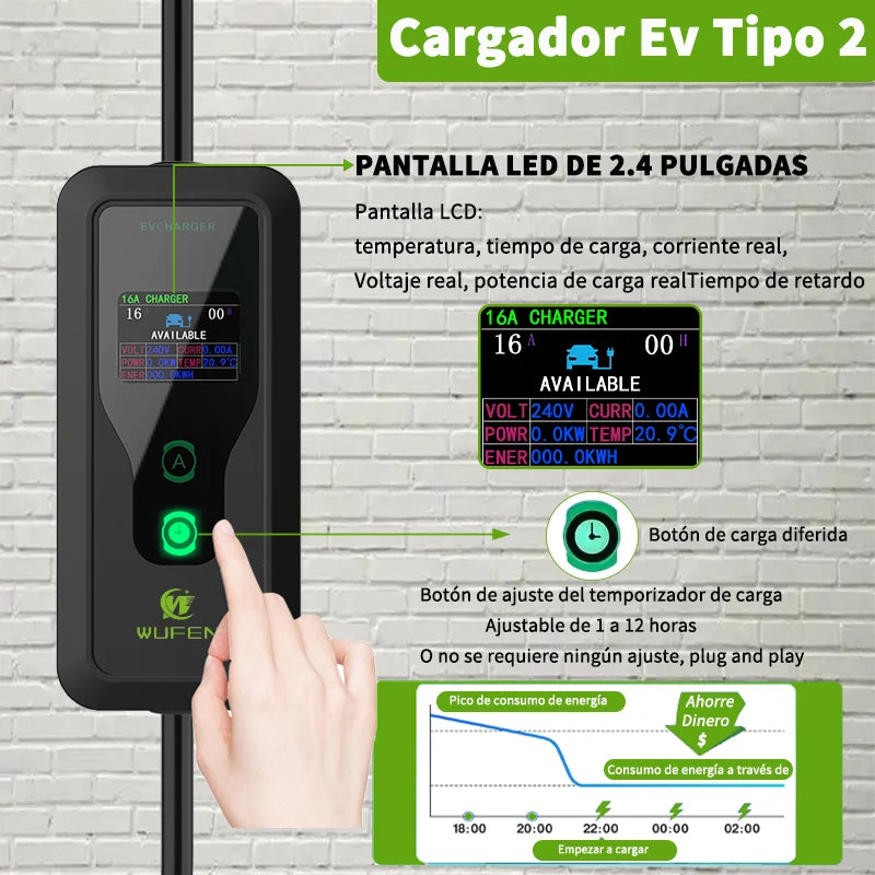 WUFEN Portable Type 2 Charger 110V US NEMA 5-15P Plug Max 3.5kw Type2 EV Charger 16A 1Phase Charging Plug For IEC 62196 Vehicle