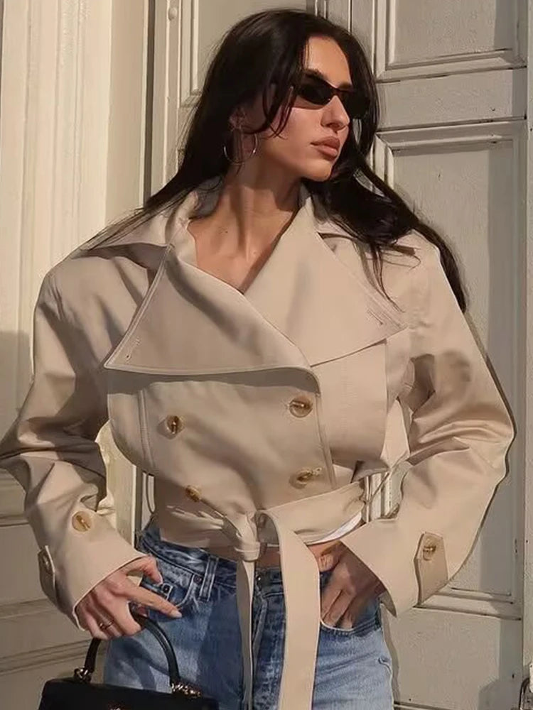 SLTNX 2026 New Women's British Wind Trench Coat Style Double-breasted Long Sleeve Belt Lapel Jacket Short Coat