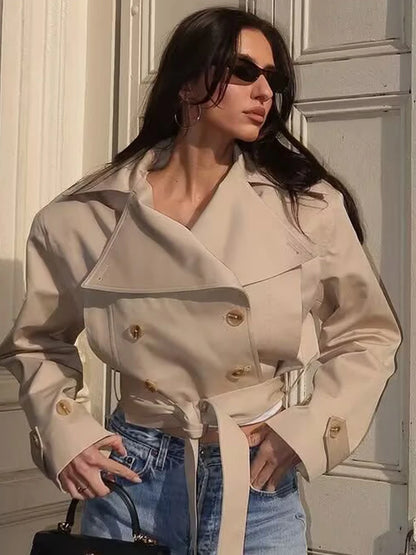 SLTNX 2026 New Women's British Wind Trench Coat Style Double-breasted Long Sleeve Belt Lapel Jacket Short Coat