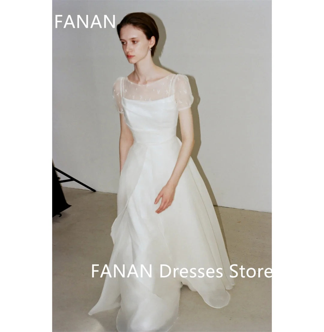 Fanan Korea Boat Neckline Ivory Wedding Dresses  웨딩드레스 Organza Tiered Custom Made Ruched Photoshoot Bride Gowns Plus Size