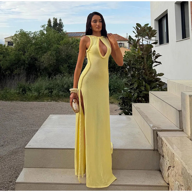 Braided Trim Sexy High Slit Dress Lady Sleeveless Hollow Out Backless Bodycon Maxi Dresses 2026 Summer Elegant Chic Evening Gown