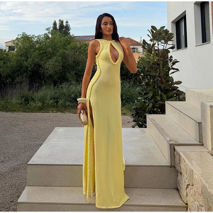 Braided Trim Sexy High Slit Dress Lady Sleeveless Hollow Out Backless Bodycon Maxi Dresses 2026 Summer Elegant Chic Evening Gown