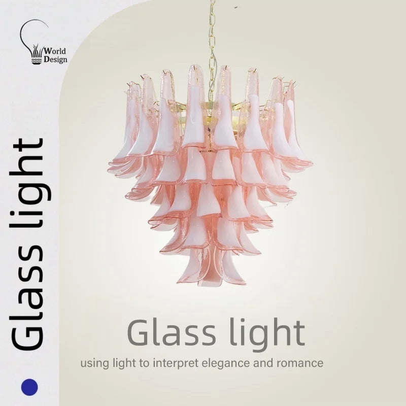 French Murano Petal Glass Chandelier Dining Table Living Room Antique Style Pink Petal Glass Pendant Chandelier Lights Bedroom