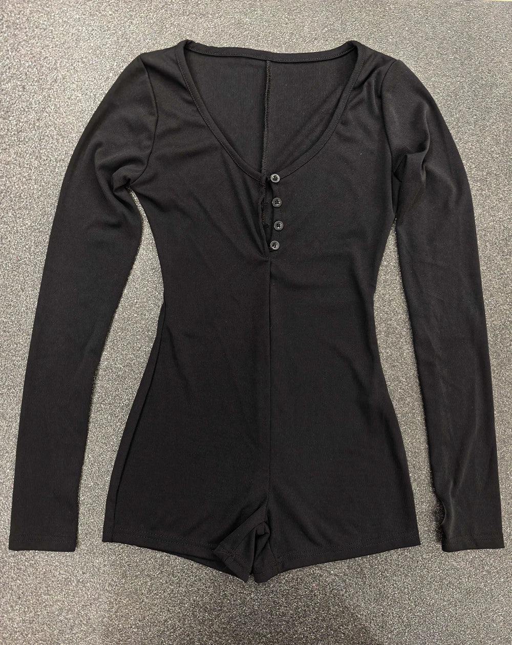 Women Yoga Playsuits Long Sleeve Buttons Jumpsuits Solid Color Slim Fit Stretch One Piece Short Romper Sexy Ladie Thumb Clasp