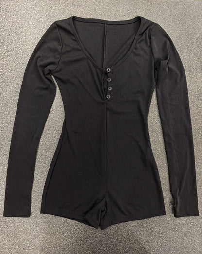 Women Yoga Playsuits Long Sleeve Buttons Jumpsuits Solid Color Slim Fit Stretch One Piece Short Romper Sexy Ladie Thumb Clasp