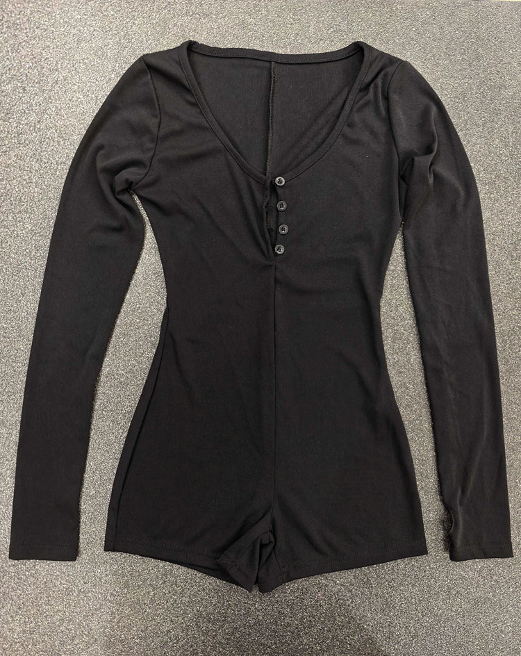 Women Yoga Playsuits Long Sleeve Buttons Jumpsuits Solid Color Slim Fit Stretch One Piece Short Romper Sexy Ladie Thumb Clasp