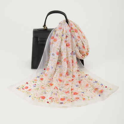 Summer Floral Printed Scarf Elegant Lightweight Chiffon Silk Shawls Travel Beach Sunscreen Towel Fashion Headband Turban