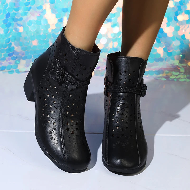 2025 Summer New Women's Fashion Hollow-Out Soft Sole Mid-Heel Ankle Boots, Retro Breathable Comfortable Shoes