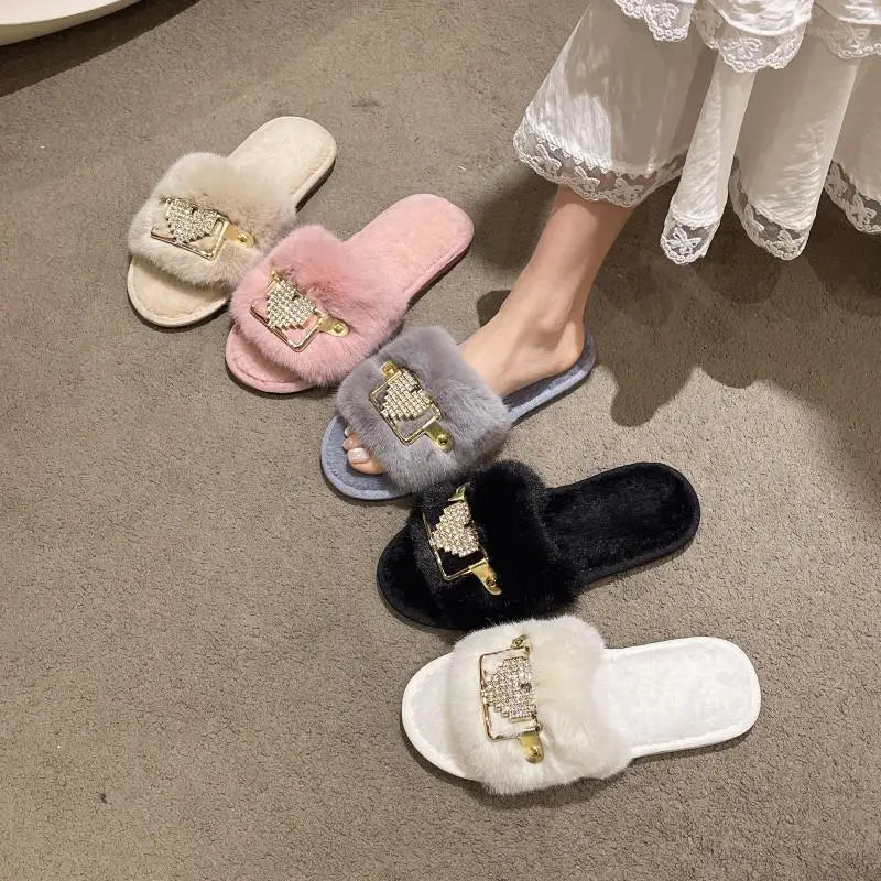 Love Chain Fluffy Women's Slippers Home Fashion Luxury Designer Shoes Woman Autumn Winter Faux Fuzzy Fur Slides Indoor Elegant