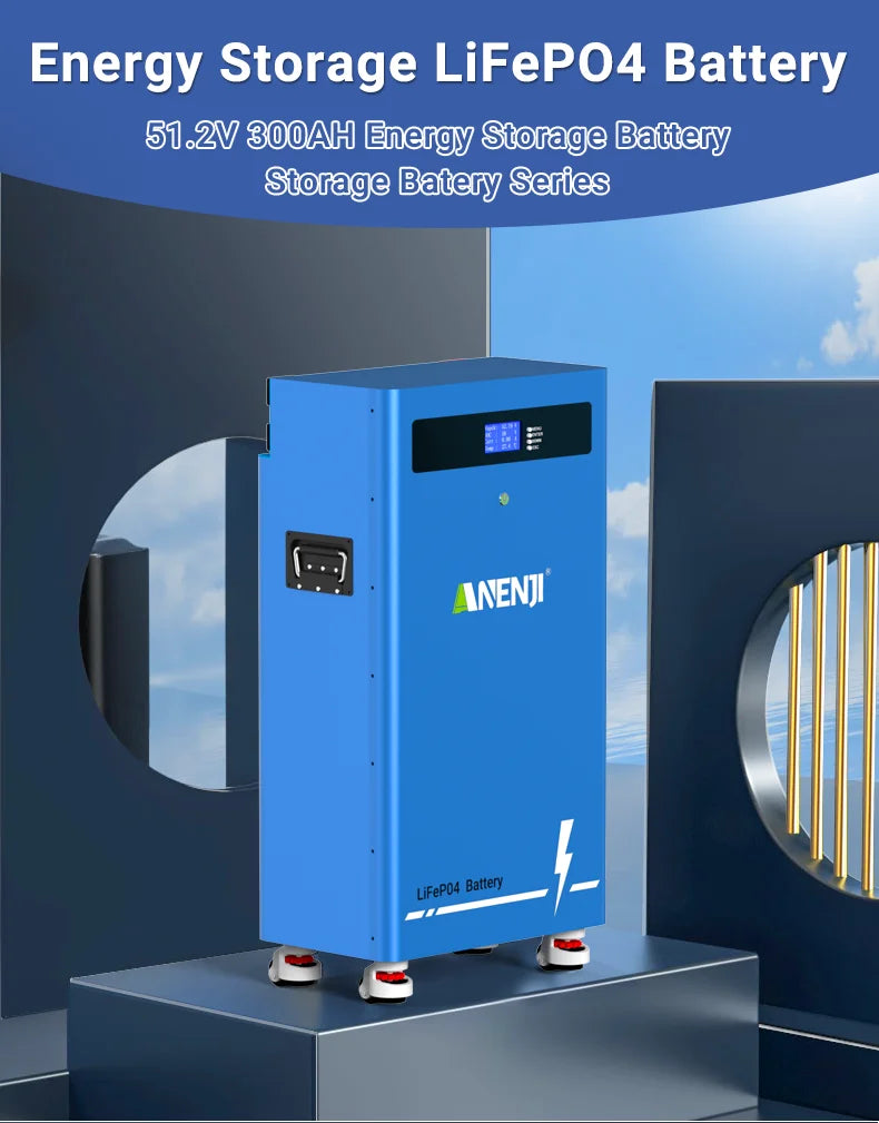 ANENJI 51.2V 314Ah 16Kwh LiFePO4 Battery 6000 Cycles With Wheels Bluetooth BMS 200Ah Supports 15 Units Parallel  Solar System