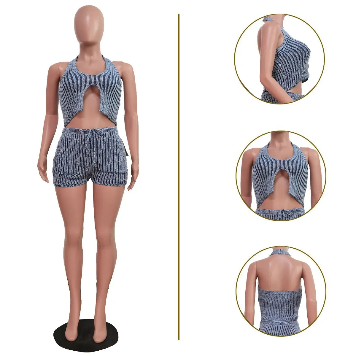 CM.YAYA Chic Women's Set Striped Knit Sleeveless V-neck Vest Top and Shorts Suit Summer Street Two 2 Piece Set Outfit Tracksuit