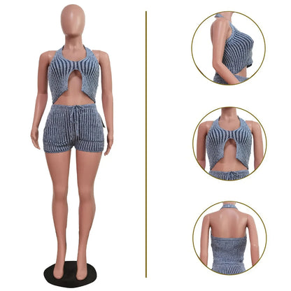 CM.YAYA Chic Women's Set Striped Knit Sleeveless V-neck Vest Top and Shorts Suit Summer Street Two 2 Piece Set Outfit Tracksuit