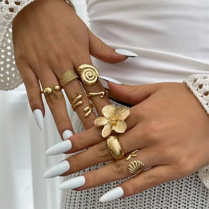 8Pcs/Set Vintage Pink Metal Flower Ring Set for Women Punk Elegant Baroque Pearl Knuckle Joint Ring Party Daily Wear Jewelry