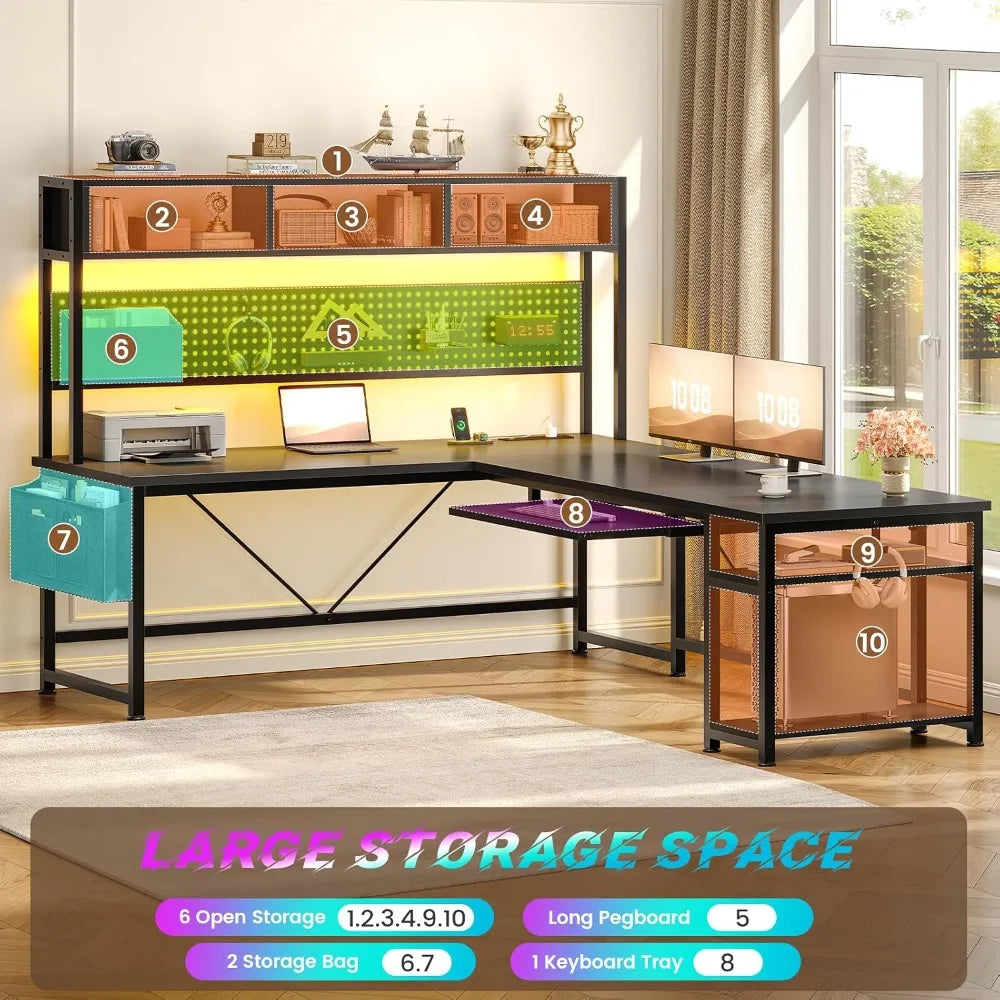 67" Reversible L Shaped Gaming Computer Desk, Pegboard, LED Lights, Power Outlet & Keyboard Tray for Home Office, Custom