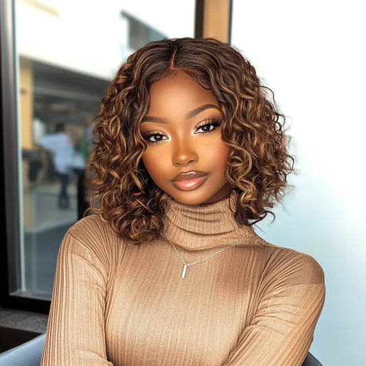 Sleek Short Curly Bob Lace Wigs 13X6X1 Deep Wave Curly Lace Front Wigs 100% Real WigHighlight Colored Human Hair Wigs For Women