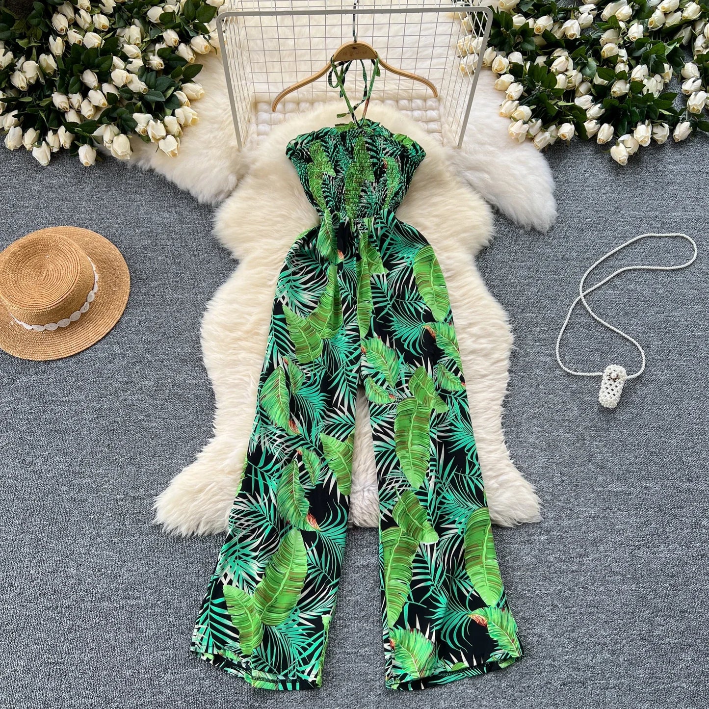 2024 New Summer Sexy Bohemian Leaf Print Jumpsuits Women Sleeveless Sexy Long Jumpsuit Mujer Casual Holiday Beach Rompers