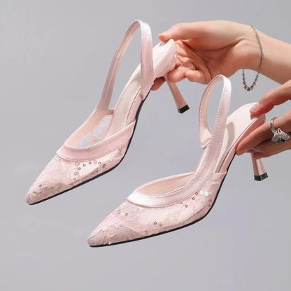 Elegant Lace Mesh High Heeled Sandals Women Luxury Bling Back Strap Brand Designer Shoes Fashion Pointy Toe Party Dress Shoes