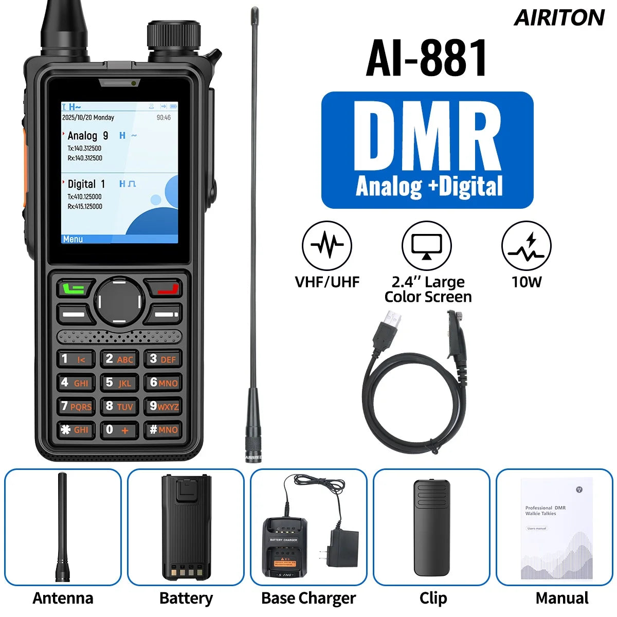 AIRITON AI-881 DMR Walkie Talkie IP67 Waterproof 10W High Power Dual Time Slot Large Color Screen New AR-880 VOX Two Way Radio