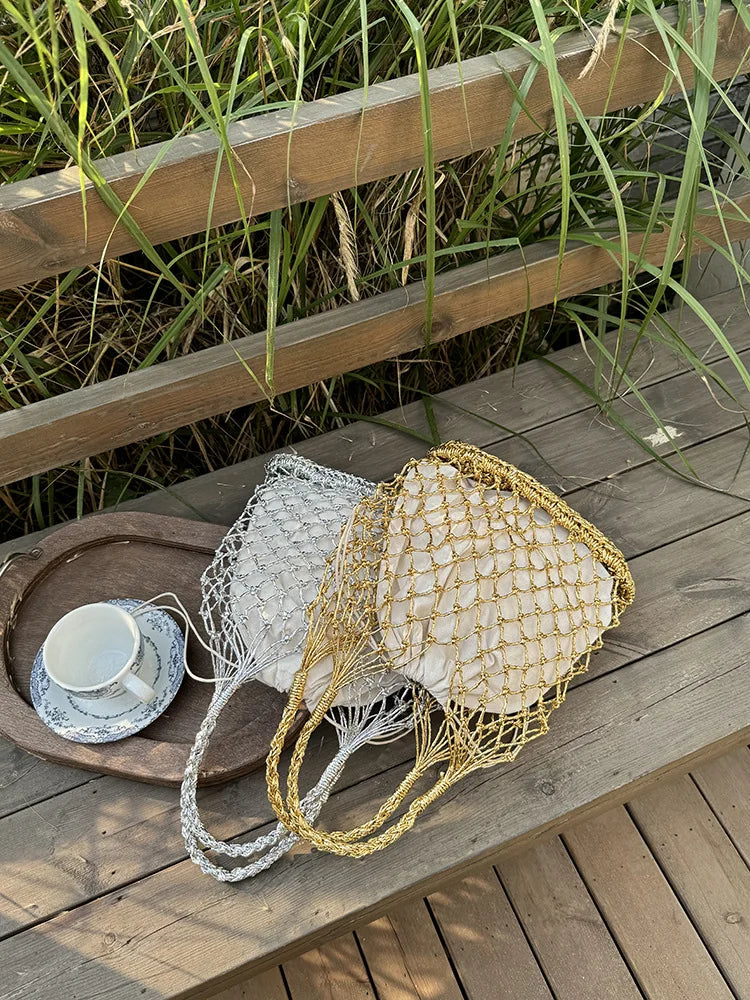 Hylhexyr Ins New Solid Color Gold and Silver Thread Handmade Weaving Bag Bucket Shaped Fashion Handbag Beach Bags