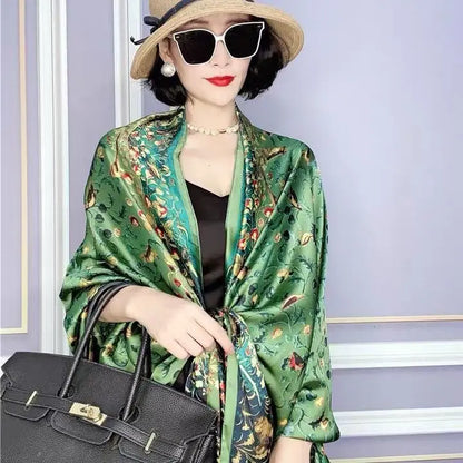Designer Almond Blossoms Printed Silk Scarf Women Luxury Sun Protection Shawl Ladies Summer Beach Pareo Sarong Travel Wrap 180cm