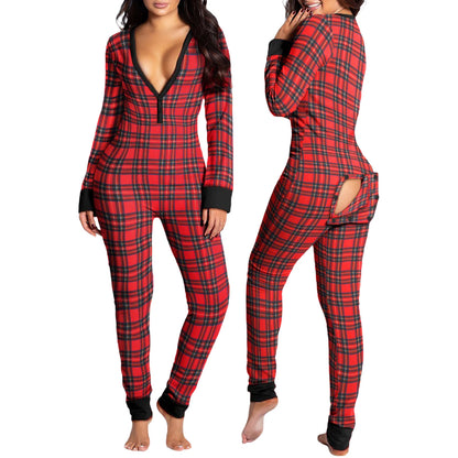 Combhasaki Women Sleeping Rompers Pajamas  Long Sleeve V-Neck Printed Slim Detachable Crotch Elastic Homewear Jumpsuits