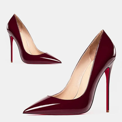 2025 European and American slim and sexy high heels, pointed shallow mouth black patent leather temperament work shoes