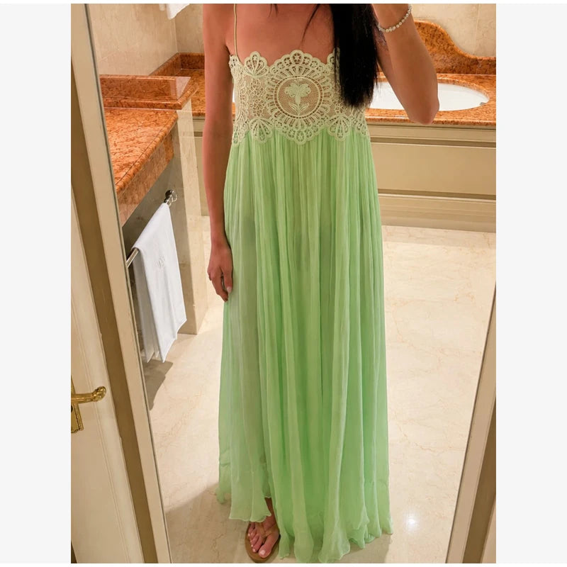 Light Blue Halter Neck Pleated Mini Dress Lady Sleeveless High Waist Hollow Lace Short Vestidos Summer Women's Vacation Outfit