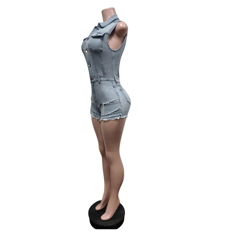 Tassel Denim Casual Playsuit Sexy Women Turn Down Collar Elegant  Jeans Club Party Overalls Romper