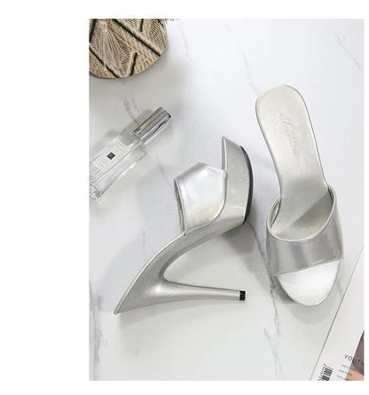 13CM Woman Slippers Mule Patent Leather Sandals Sexy Fashion Slides Party Shoes for Women Luxury Black Summer Platform Sandals