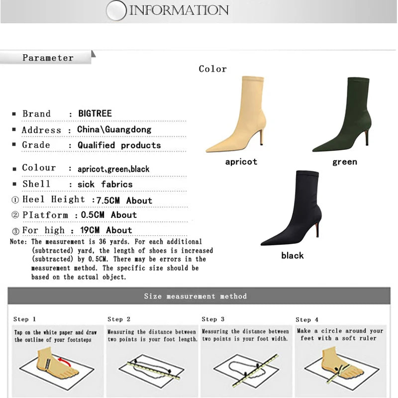 BIGTREE Shoes Stiletto Sexy Elastic Boots Women Shoes Sexy Stretch Fabric Ankle Boots Pointed Tip High Heels Boots Plus Size 43