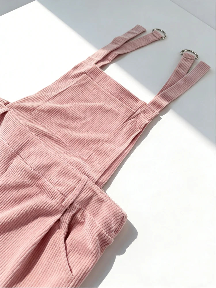 Women Casual Jumpsuit Corduroy Wide Shoulder Straps Button Detail Solid Color Relaxed Fit Autumn Winter Hand Wash Only