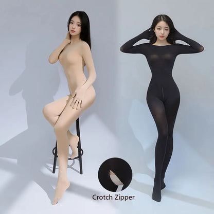 Sexy 120D Crotch Zipper Jumpsuit High Elastic Shaping Women's Bodysuit Shaping Tights Five Finger Gloves Unitard Woman Leotard