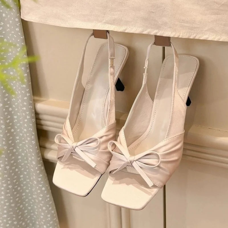 French Minimalist Square Toe Slingback Sandals Women Quiet Luxury Vintage Kitten Heels Elegant Office Shoes