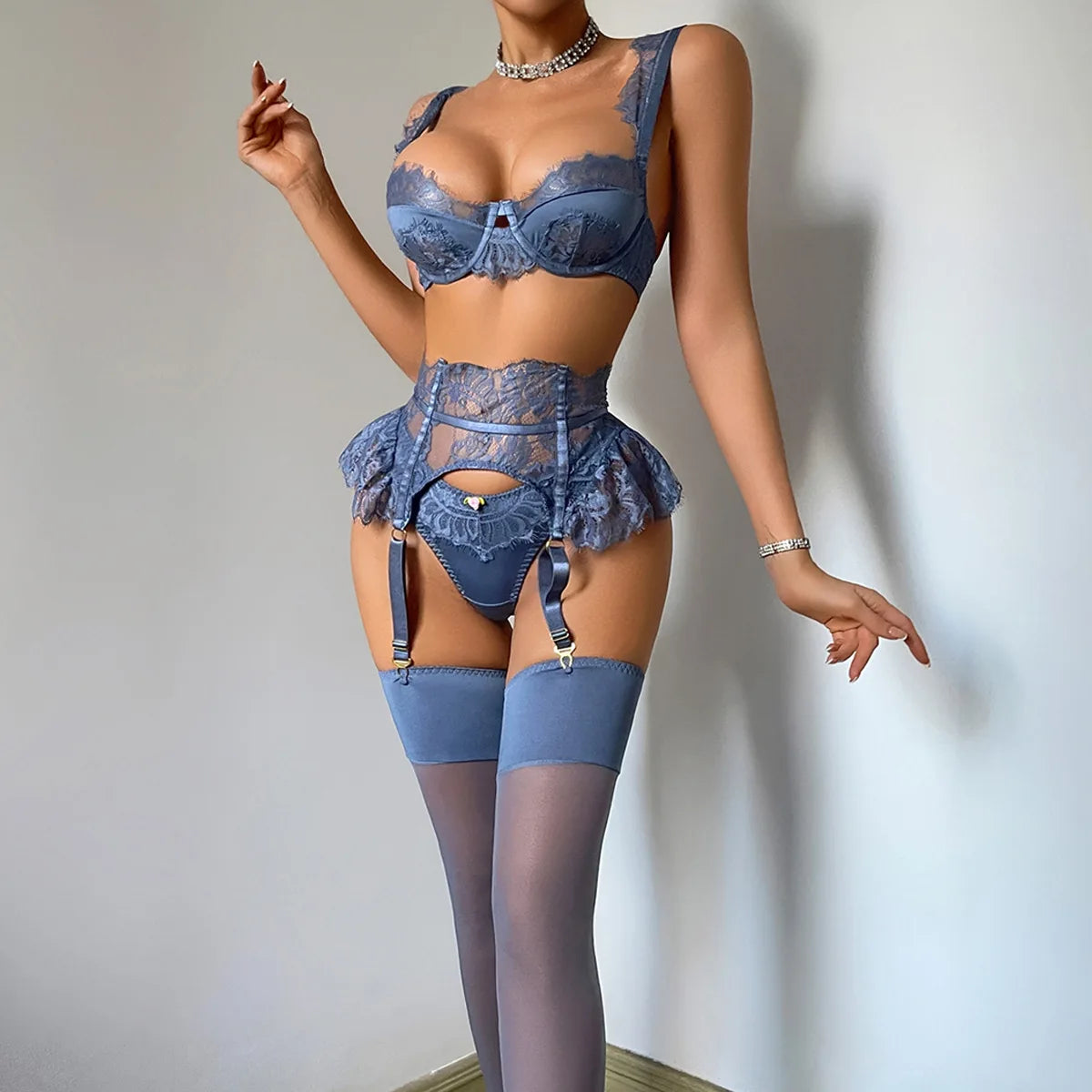 Sexy Blue Eyelash Lace Lingerie Set 4Pcs Satin Bra Peplum Ruffle Garter Belt with Rosebud Panties Stockings Women Nightwear
