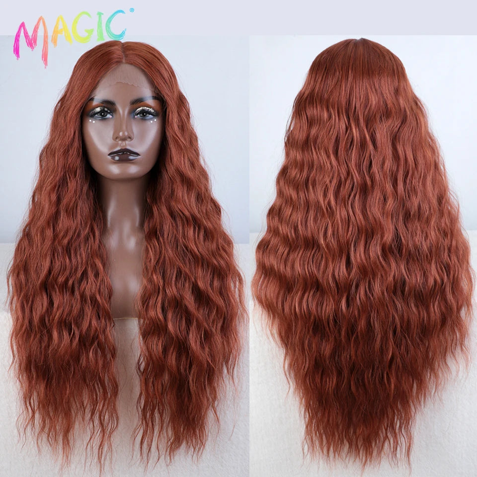 Magic Synthetic Lace Front Wig Long Deep Wavy 30 Inch Ombre Blonde Ginger Lace Wigs For Black Women Heat Resistant Cosplay Wigs