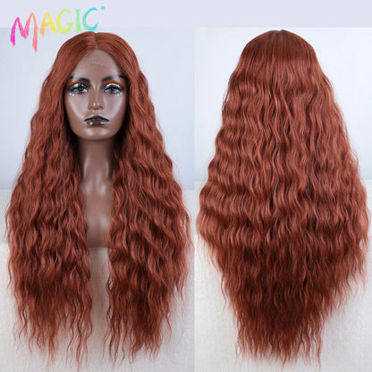 Magic Synthetic Lace Front Wig Long Deep Wavy 30 Inch Ombre Blonde Ginger Lace Wigs For Black Women Heat Resistant Cosplay Wigs