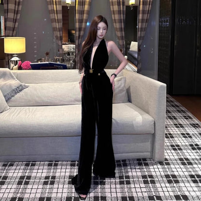 Vintage Luxury High-end Black Jumpsuits Metal Button Slim Sexy V-neck Hang Neck One-piece Pants Women Party Dresses Backless New
