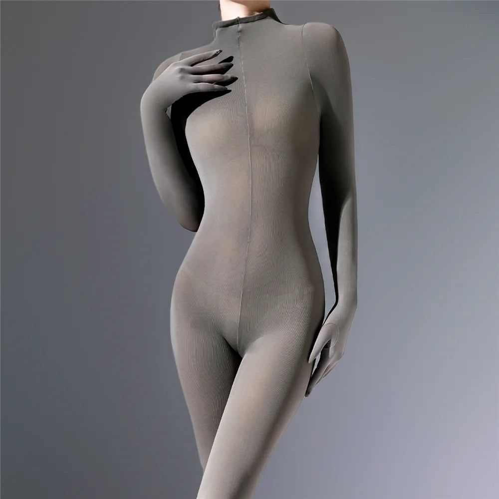 Plus Size Sexy Women 120D Five Finger Glove Sleeve Bodysuit Seamless Tight Warm High Elastic Shaping Cosplay Unisex Fit Jumpsuit
