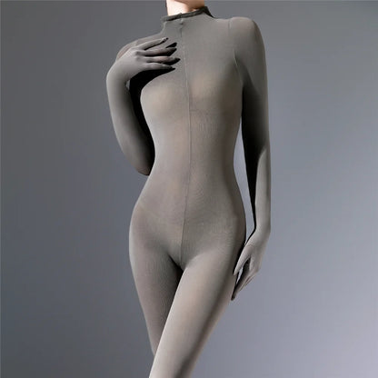 Plus Size Sexy Women 120D Five Finger Glove Sleeve Bodysuit Seamless Tight Warm High Elastic Shaping Cosplay Unisex Fit Jumpsuit